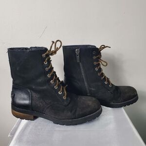 UGG Black Leather Lace-Up Boots With Lining